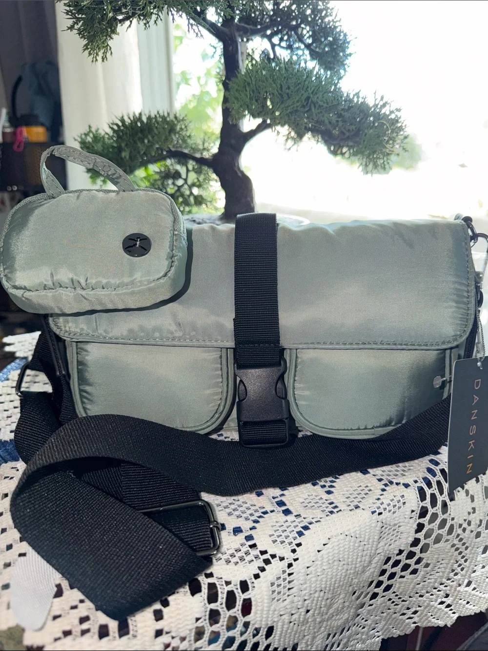 Danskin Men's Sage Green Nylon Messenger Crossbody with Black Strap